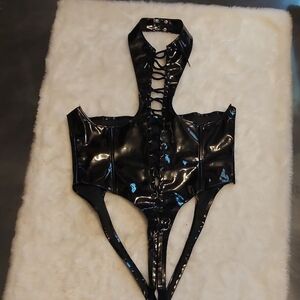 Elegant Moments Black Pleather Crotchless Bodysuit